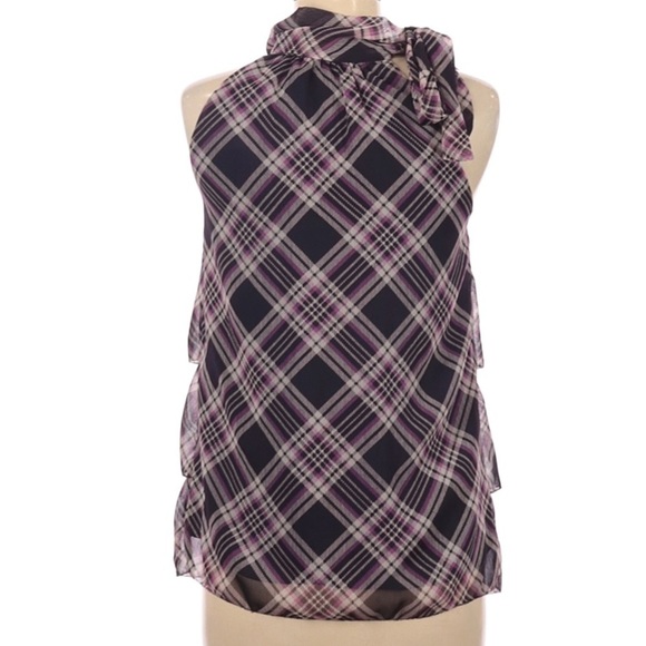 Mm Couture purple plaid tie shoulder‎ sleeveless ruffle blouse medium #MMCT0502 - Picture 2 of 7